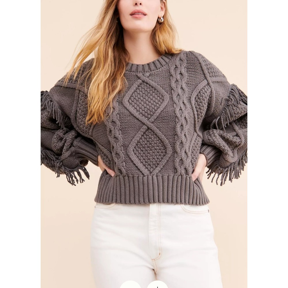 Line + Dot Jasper Fringe Sweater Grey‎ Cable Knit Anthropologie X-Small